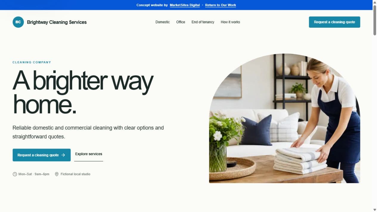 Brightway Cleaning Services fictional concept website homepage preview