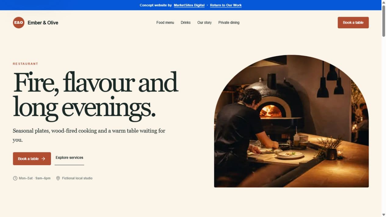 Ember and Olive restaurant concept homepage desktop preview