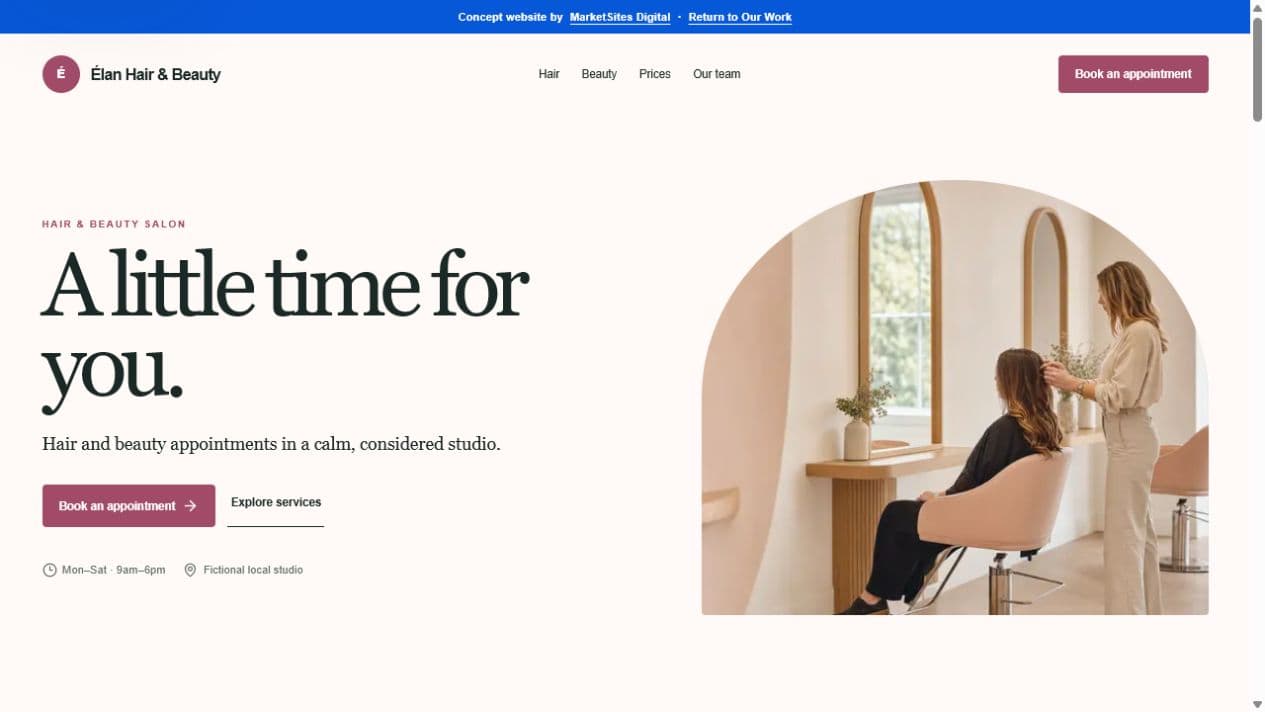 Élan Hair & Beauty fictional concept website homepage preview