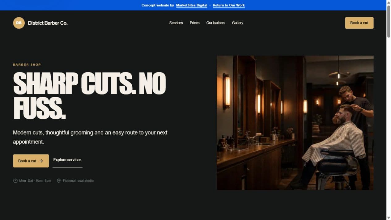 District Barber Co. concept homepage desktop preview