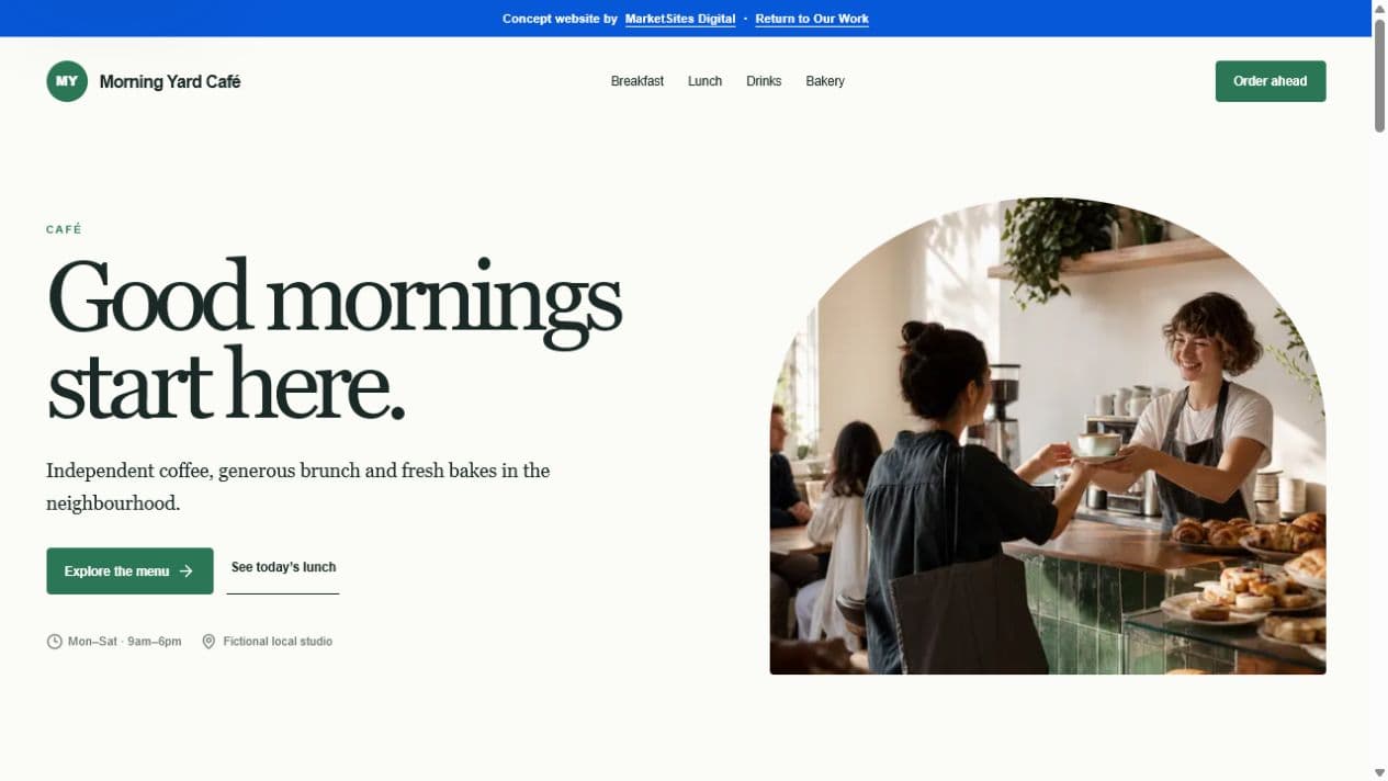 Morning Yard Café concept homepage desktop preview